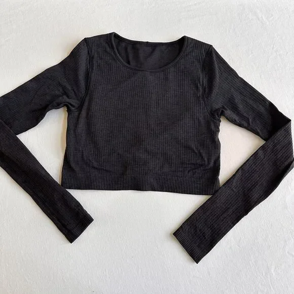 Lululemon Ebb To Street Long Sleeve Ribbed Crop Top Women’s Black SIZE 8 - Picture 1 of 5